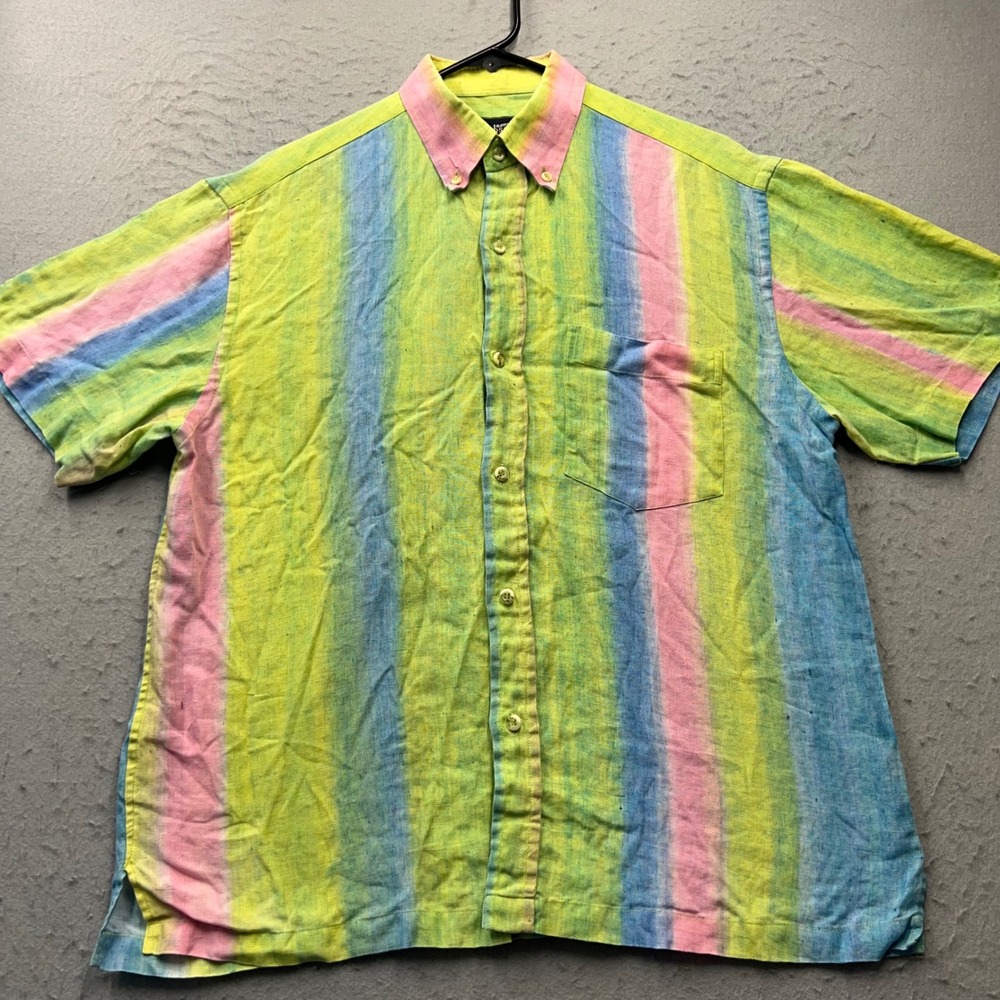 Khubsons Ramsons Mensโ Short Sleeve Button Down Shirt 100 Linen Striped India L